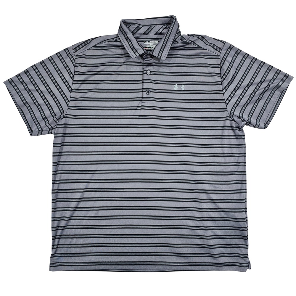 Under Armour HeatGear Mens 2XL Grey Striped Polo Shirt Short Sleeve Athletic
